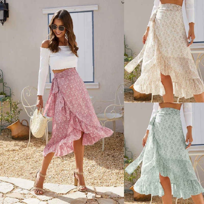 

Summer Women's Bohemian Chiffon Skirt Floral Belt Skirt Beach Skirt Irregular Ruffle Skirt Half-length Skirt Large Size 2021 New