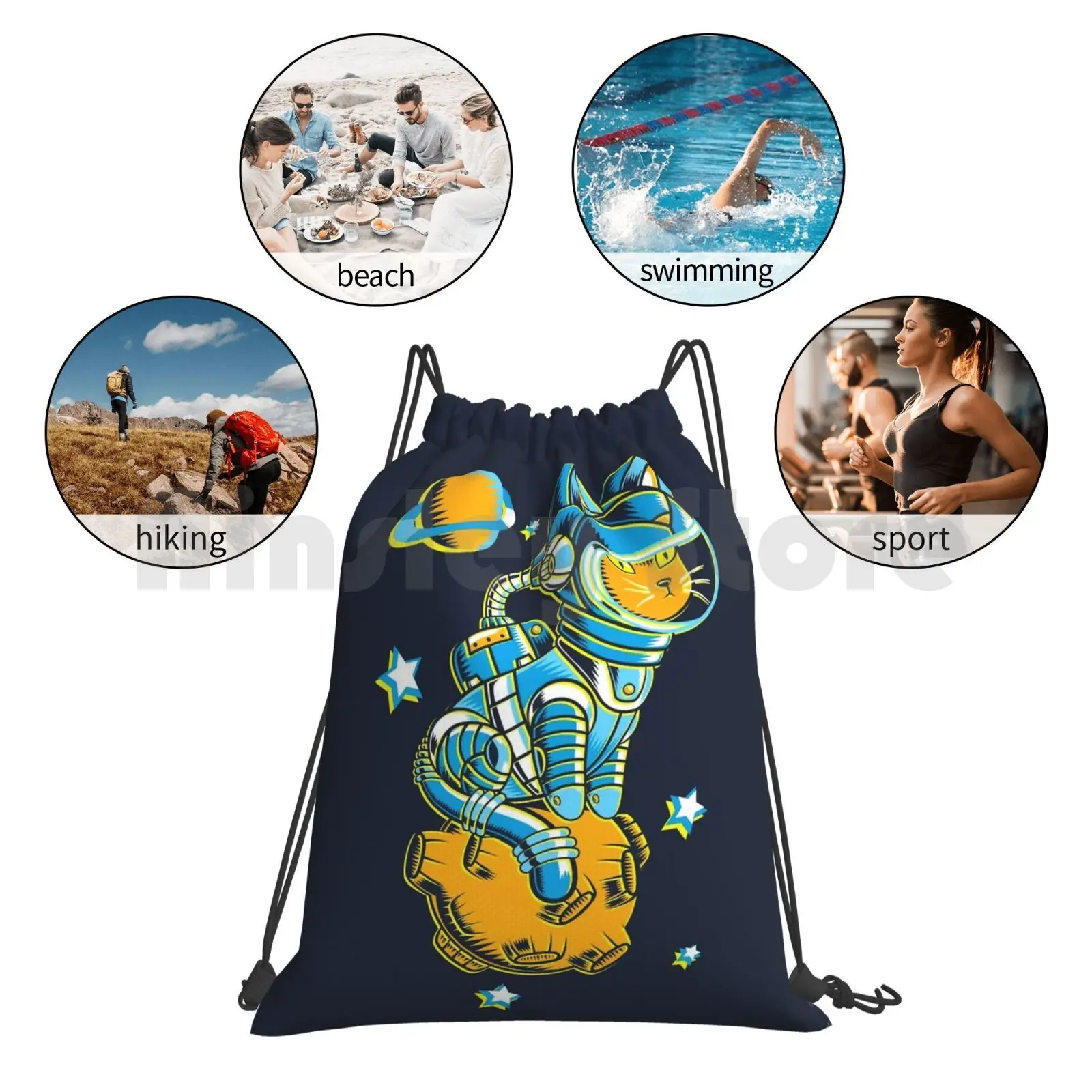 

Space Cat Backpack Drawstring Bag Riding Climbing Gym Bag Space Outer Space Cosmos Cosmic Universe Astronaut Planets Stars