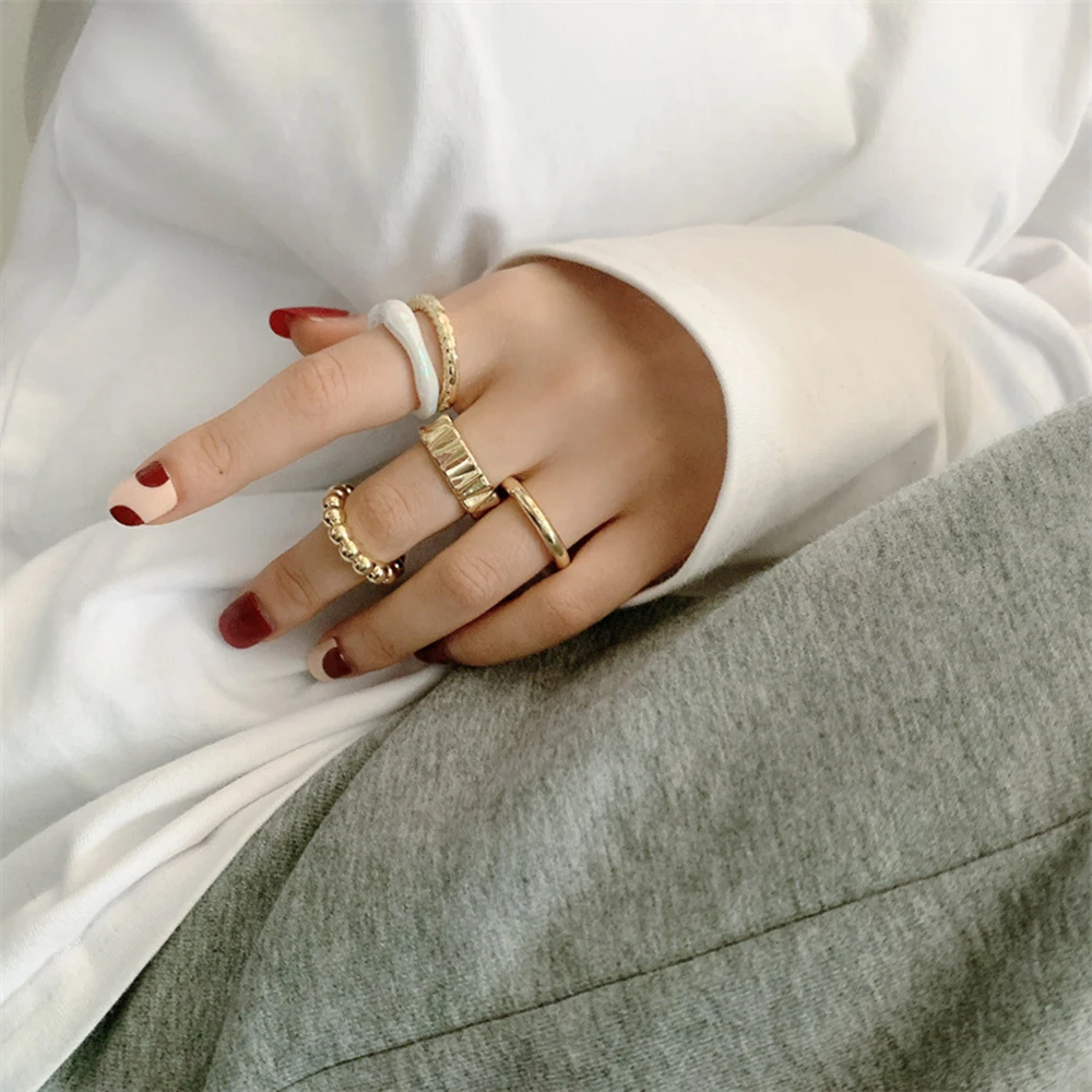 

5pcs New Trendy Personality Joint Ring Set Tail Ring Metal Gold Simple Hyperbole Open Adjustable Ring for Women Jewelry