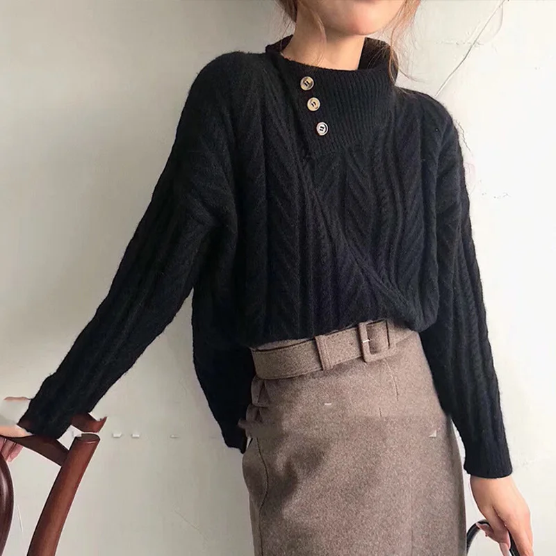 

Knitted Women's Sweater Irregular Collar Button Long Sleeve Female Sweaters Pullover Femme 2021 New Fashion Korean Lady Jumper