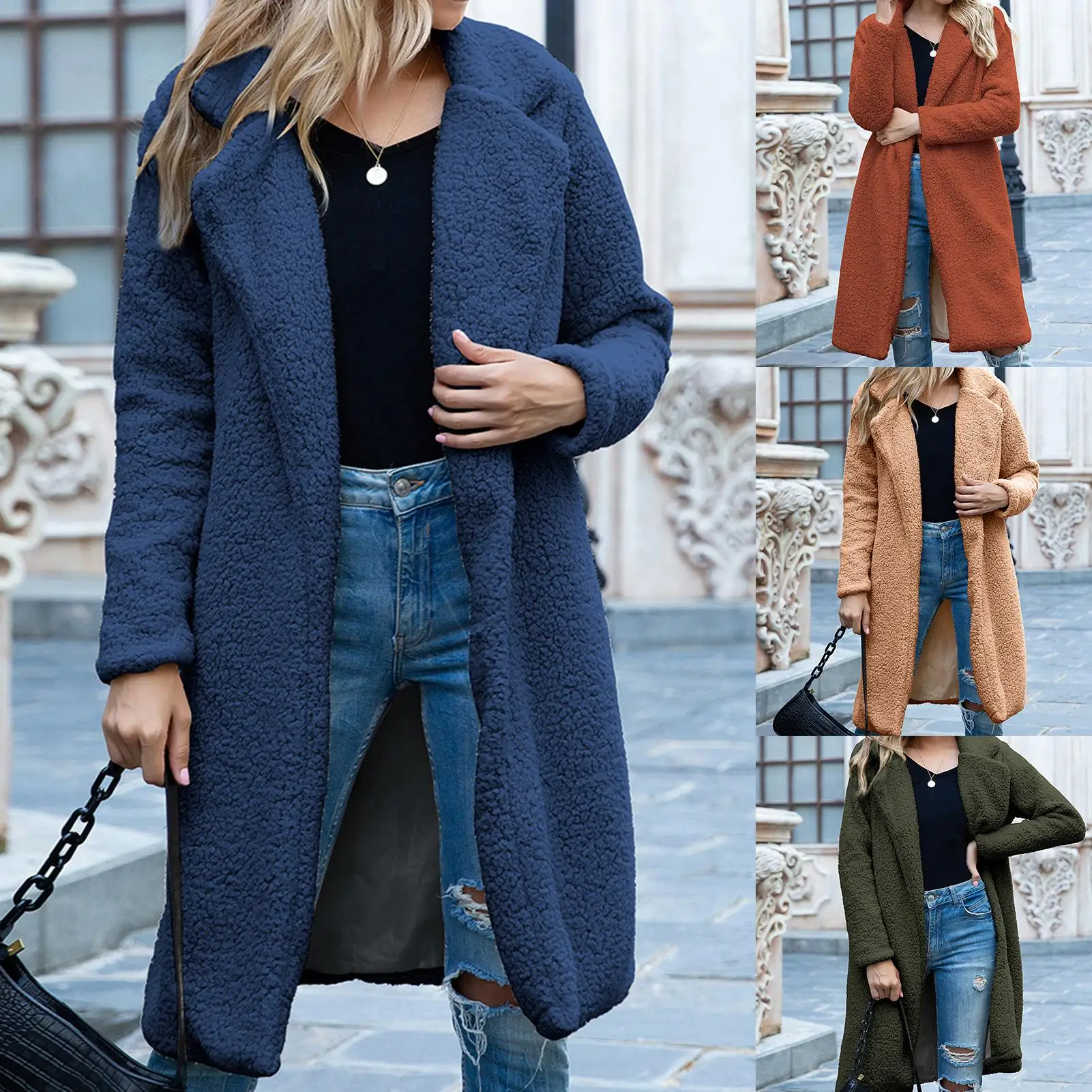 

Women Winter Faux Fleece Long Sleeve Lapel Warm Coat Jacket Open Front Overcoat Coat Jacket Open Front Overcoat