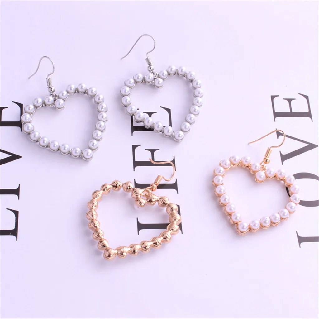 Модные женские серьги с жемчугом в виде сердца и крючка геометрические висячие