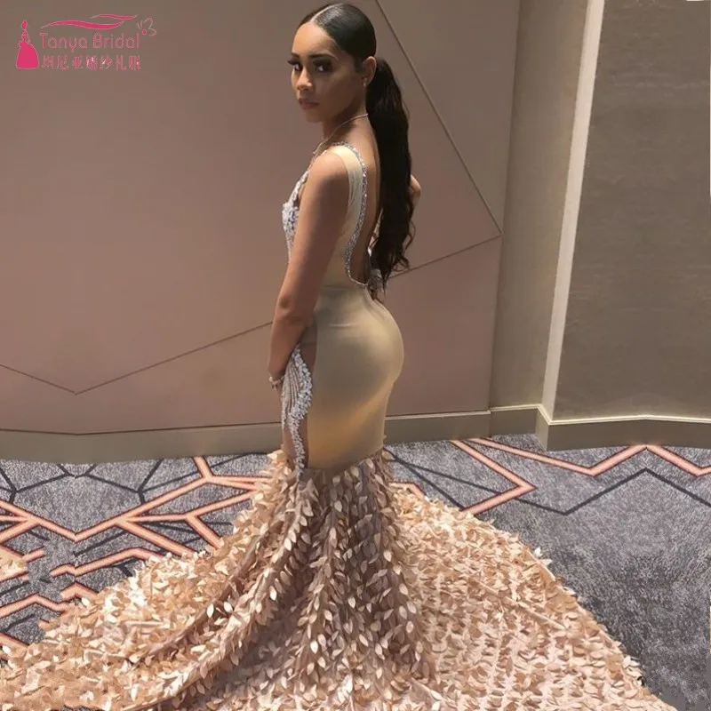 Luxury Beading Fashion Bling Mermaid Prom Dresses Black Grils Elegant collocation Leaves Sexy Evening Party Gowns W051