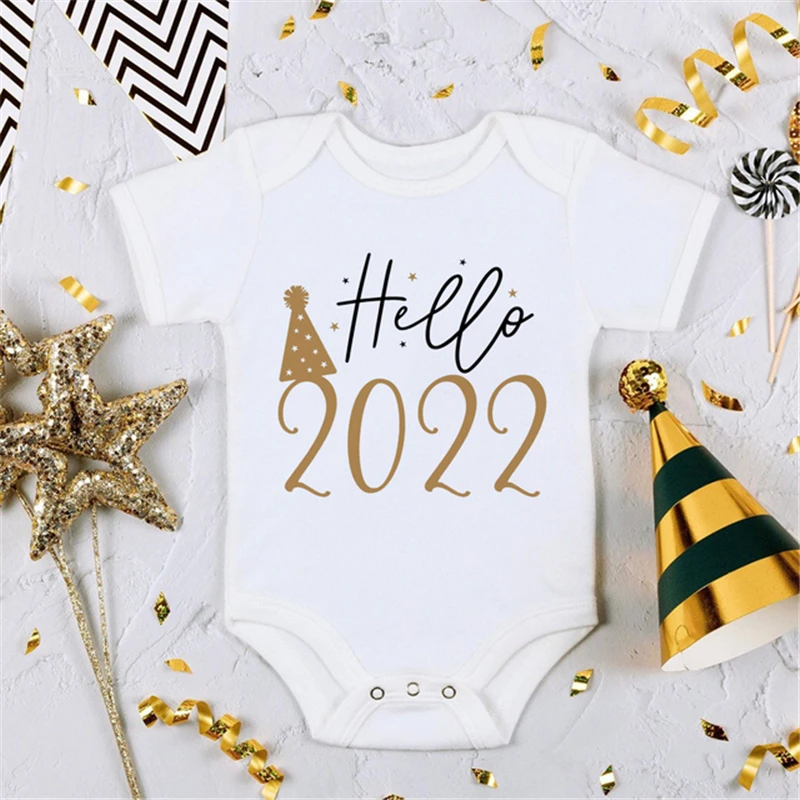 

DERMSPE Hello 2022 New Year Print Cute Infant Baby Toddler Rompers Unisex Baby Clothes My First New Year Short Sleeve Jumpersuit