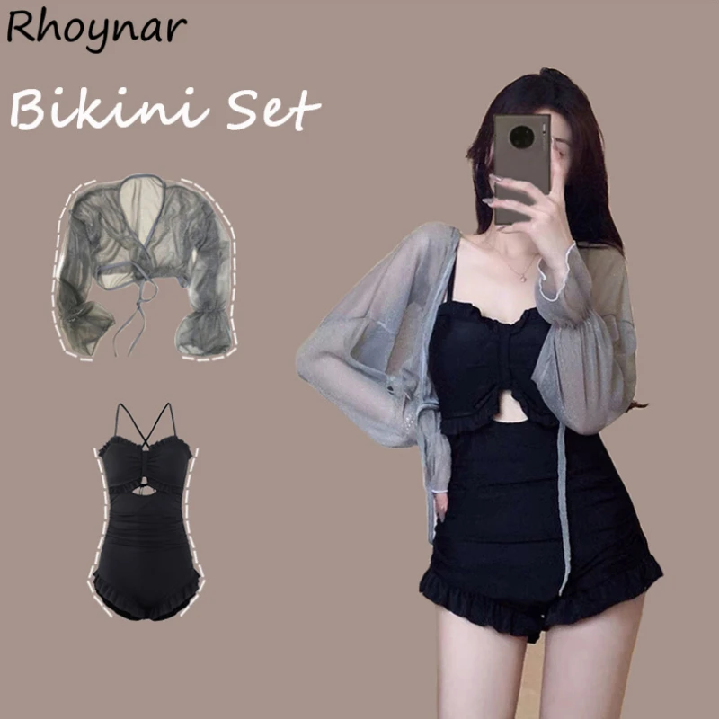 

Bikini Sets Women Sexy Slimming Bodycon Korean Style Long Sleeve Sun Protection Beach Seaside Summer Swimsuit Sweet Bow Ruffle