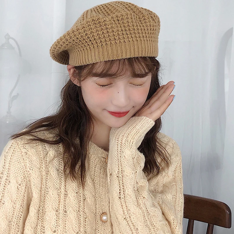 

Women Berets Ladies Knitted Hat Autumn Winter Hats for Women Ladies Solid Plain Beret Hat Vintage Artist Painter Hat