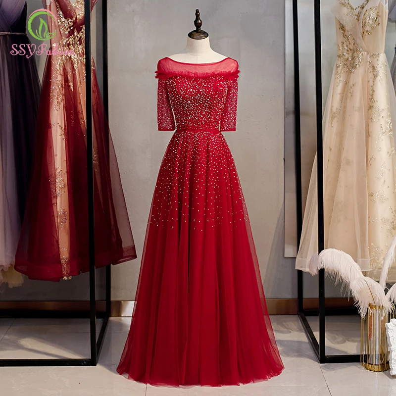 

Женское банкетное платье SSYFashion, винно-красное вечернее платье до пола с рукавами до локтей, украшенное бисером, для выпускного вечера