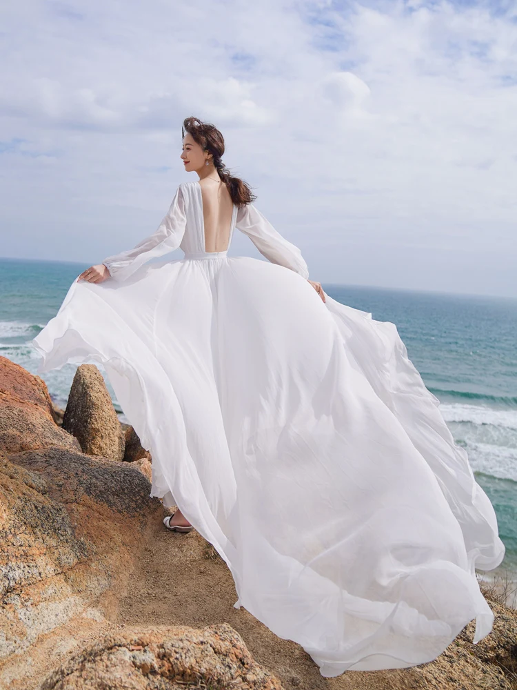

Seaside Holiday Dress White Chiffon Sexy Backless Beach Dresses 2021 Summer High Waist Long Sleeves Elegant Trailing Dress Women