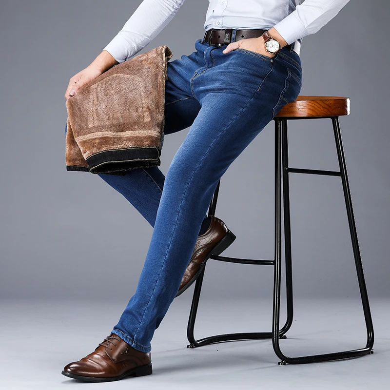 Winter Men's Warm Jeans Classic Style Fashion Casual High Quality Retro Blue Thicken Denim Trousers Male Brand Pant