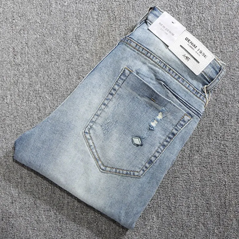 Korean Style Men Jeans Retro Light Blue Elastic Slim Fit Ripped Jeans Men Street Fashion Patchwork Designer Denim Pencil Pants