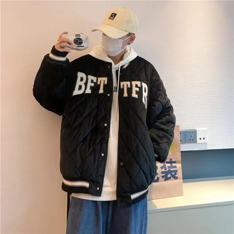 Men's Fashion Diamond Cotton Jacket Tide Brand Ins Autumn and Winter Loose Thickening Couple Baseball Uniform Jacket Winter Coat