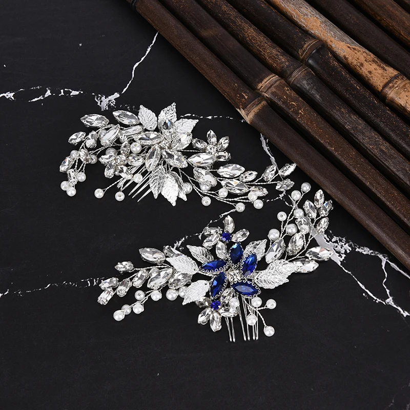 Расчески для волос в виде листьев серебро/синий кристалл свадебные аксессуары