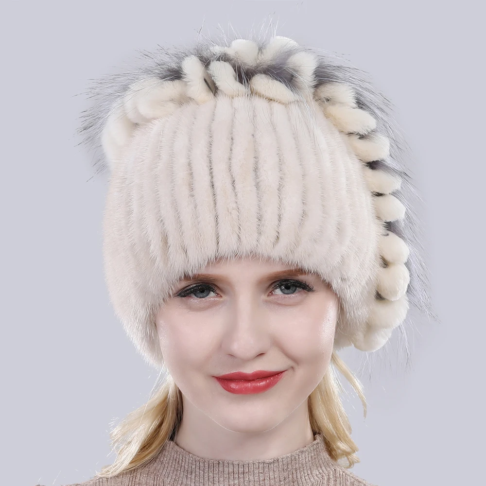 2020 зимняя женская шапка из 100% натурального меха норки лисьего и кролика Рекс