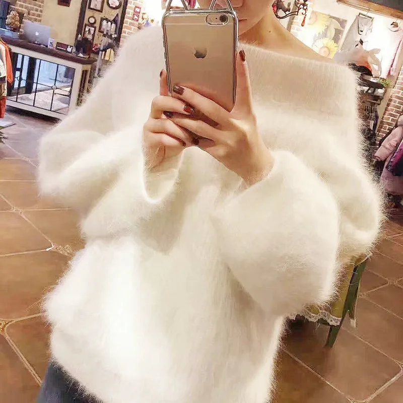 2018 Autumn Winter Women Off The Shoulder Sweater Faux Mink Cashmere Korean Long Loose Solid Color Pullover | Женская одежда