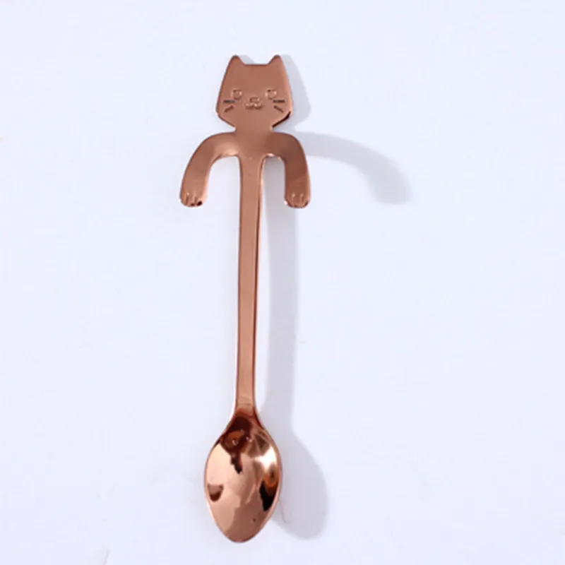 Rose Gold Милый мультяшный Кот из нержавеющей стали Ручка подвесной чайный кофе ложка Мороженое столовые приборы посуда для кемпинга пикника - Цвет: Rose Gold