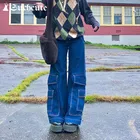 Женские джинсовые брюки с высокой талией, широкими штанинами и большими карманами