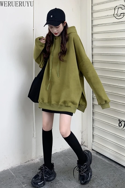 

WERUERUYUWomen Solid Color Hoodies Oversize Hooded Autumn Female Thicken Warm Loose Hoodie Sweatshirts Lady Korean Sweatershirt