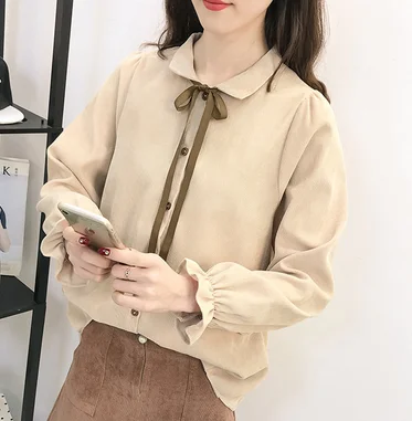 

Women's Solid color corduroy trumpet sleeve top loose and versatile shirt