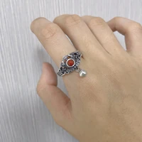 925 sterling silver bat shape south red agate tassel rings jewelry for women retro ethnic bead adjustable finger ring jz018