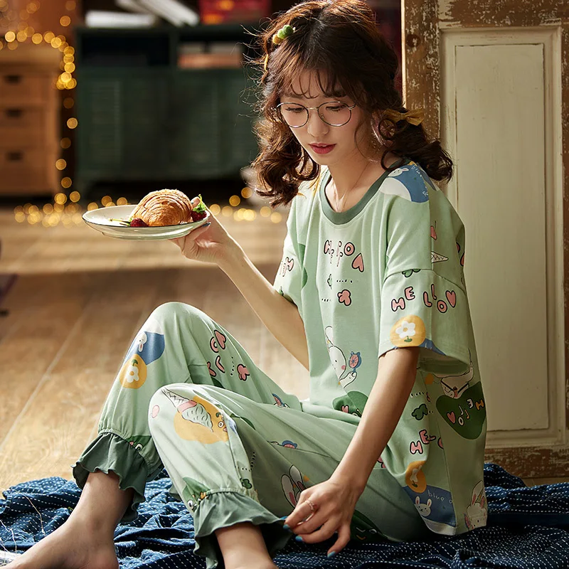 

Pajama Sets Women Half Sleeve Summer Ruffles Sweet Womens Sleepwear Kawaii Girls Koean Style Pyjamas Ulzzang High Quality Chic
