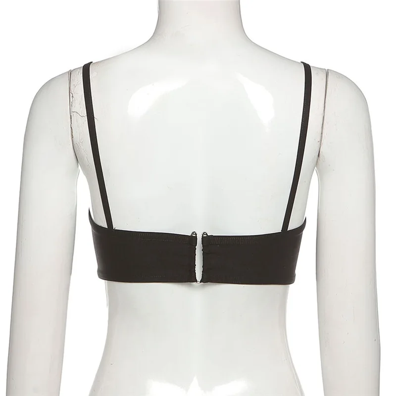 

ALLNeon Mall Goth Hollow Out Banckless Bralette Top Y2K Streetwear Spaghetti Strap Black Crop Tops Sexy Clubwear for Women 2021