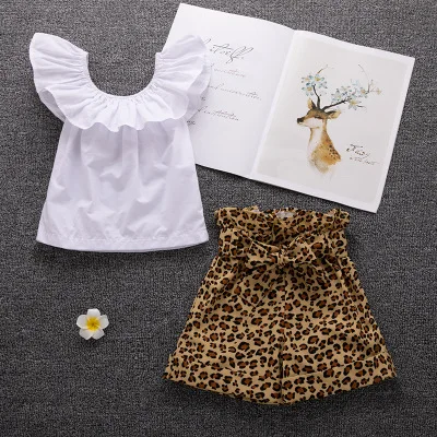 

New 2-6 years old children's clothing summer girls baby fashion wear sleeve sleeve baby shirt + leopard shorts two-piece suit