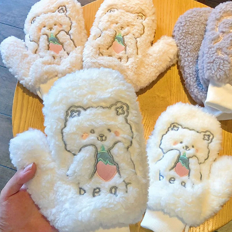 

2021 Females Korean Ins Bear Dog Gloves Women's Girls Winter Kawaii Cute Bears Plush Fur Thick Riding Mittens Glove Keep Warm