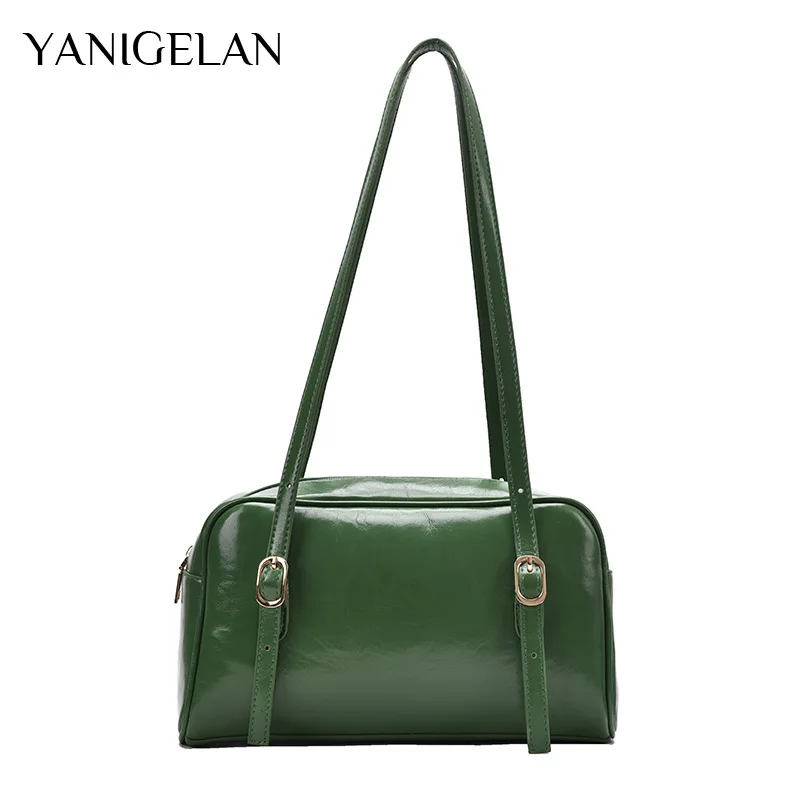 

YANIGELAN Fashion Green Leather Women Shoulder Pack Simple Design Solid Color Ladies Handbags Casual Underarm Bags