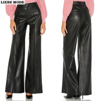 office ladies loose wide leg pu leather pants high waist business casual faux leather trousers work wear femme pantalon
