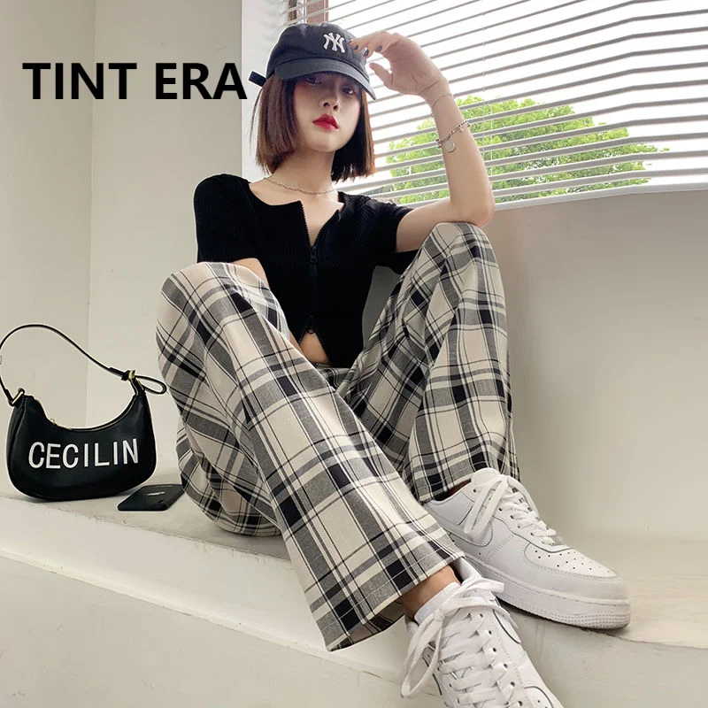 

Брюки женские клетчатые с завышенной талией и широкими штанинами