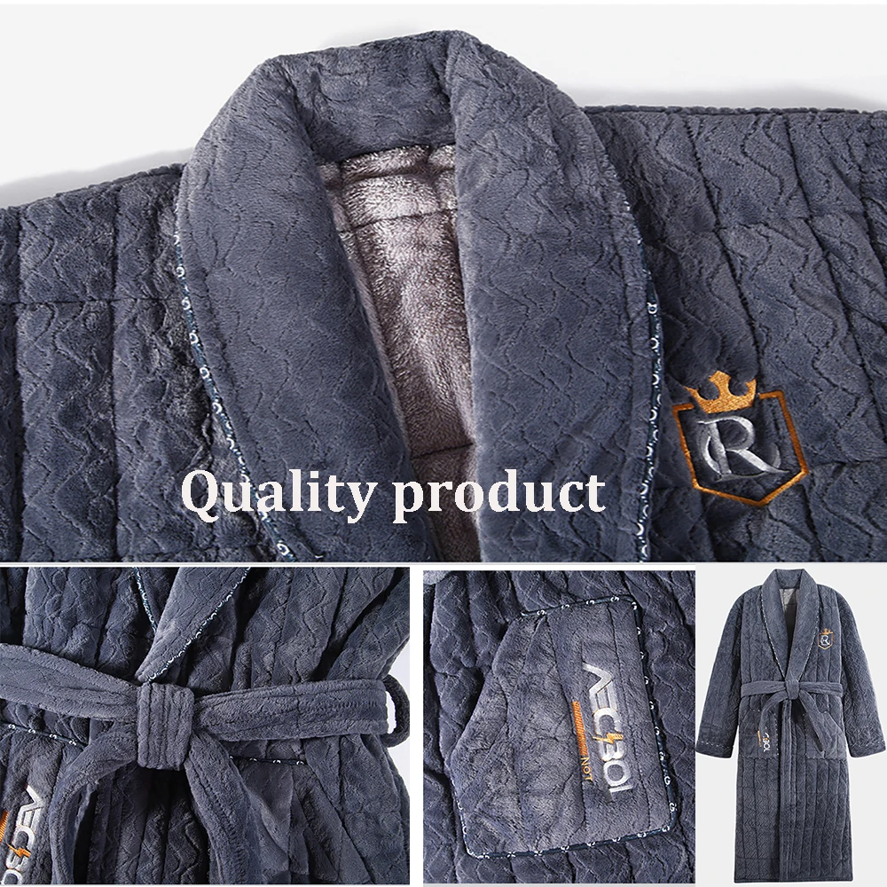 Winter Men's Bathrobe Terry Robe 3-layer Flannel Super Thick Warm Dressing Gown Luxury Solid Plaid Long Robe For Man Towel Towel