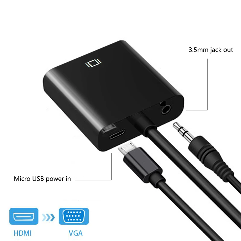 Кабель-адаптер HDMI-VGA с портом аудио и питания аналоговый цифровой конвертер