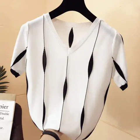 Women Spring Summer Style Knitted Sweater Pullovers Lady Casual patchwork Color V-Neck Short Sleeve pink Pullovers Tops