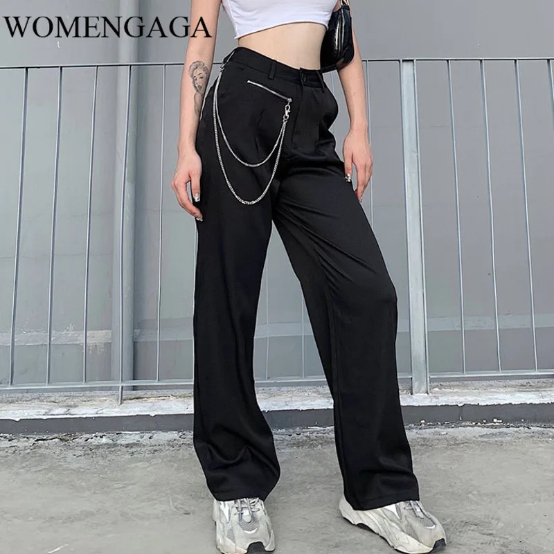 WOMENGAGA уличный дизайн цепь черный костюм с высокой талией брюки женские осенние