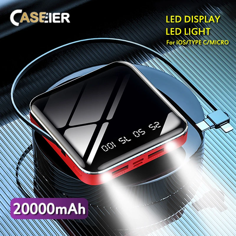 CASEIER 20000 мАч зеркальный внешний аккумулятор с кабелем для телефона цифровой
