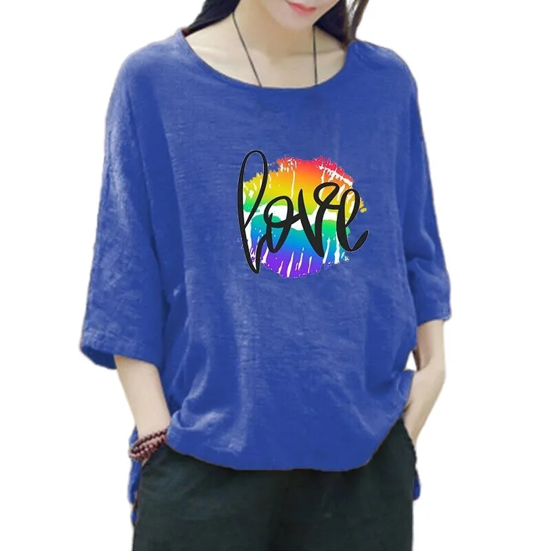 

Women Loose Casual Linen T-Shirts Three Quarter Round-Neck Spring Summer Tops Letter Printed Female Streetwear Pullovers Tee