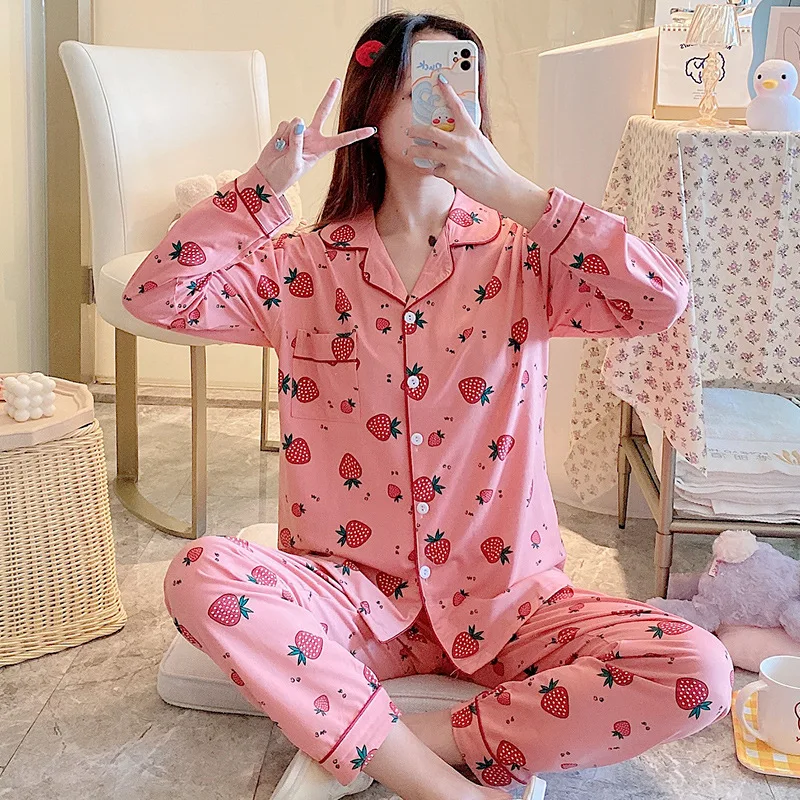 

Pajamas Women's Spring and Autumn Long-sleeved Trousers Cute Home Service Suit Cartoon Sweet Print Lapel Student Casual Pajamas