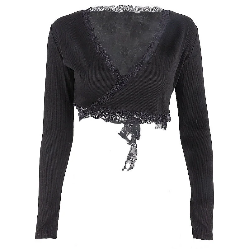 Женский кружевной топ с V-образным вырезом и длинным рукавом | Женская одежда