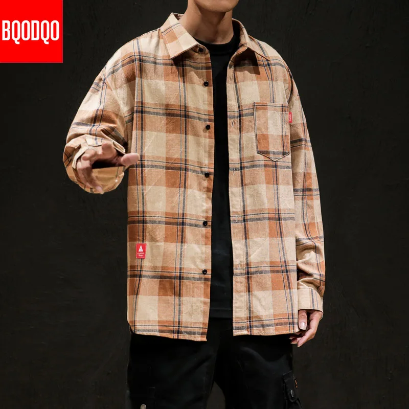 Мужская хлопковая рубашка в клетку с длинным рукавом повседневная мужская