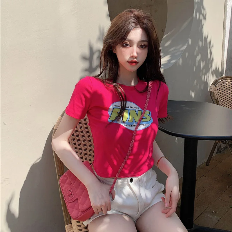 

Vintage Letter Print Sexy Crop Tops Women Casual Short Sleeve Cotton Pullover Tees Summer Slim Streetwear T-Shirt Woman 2021