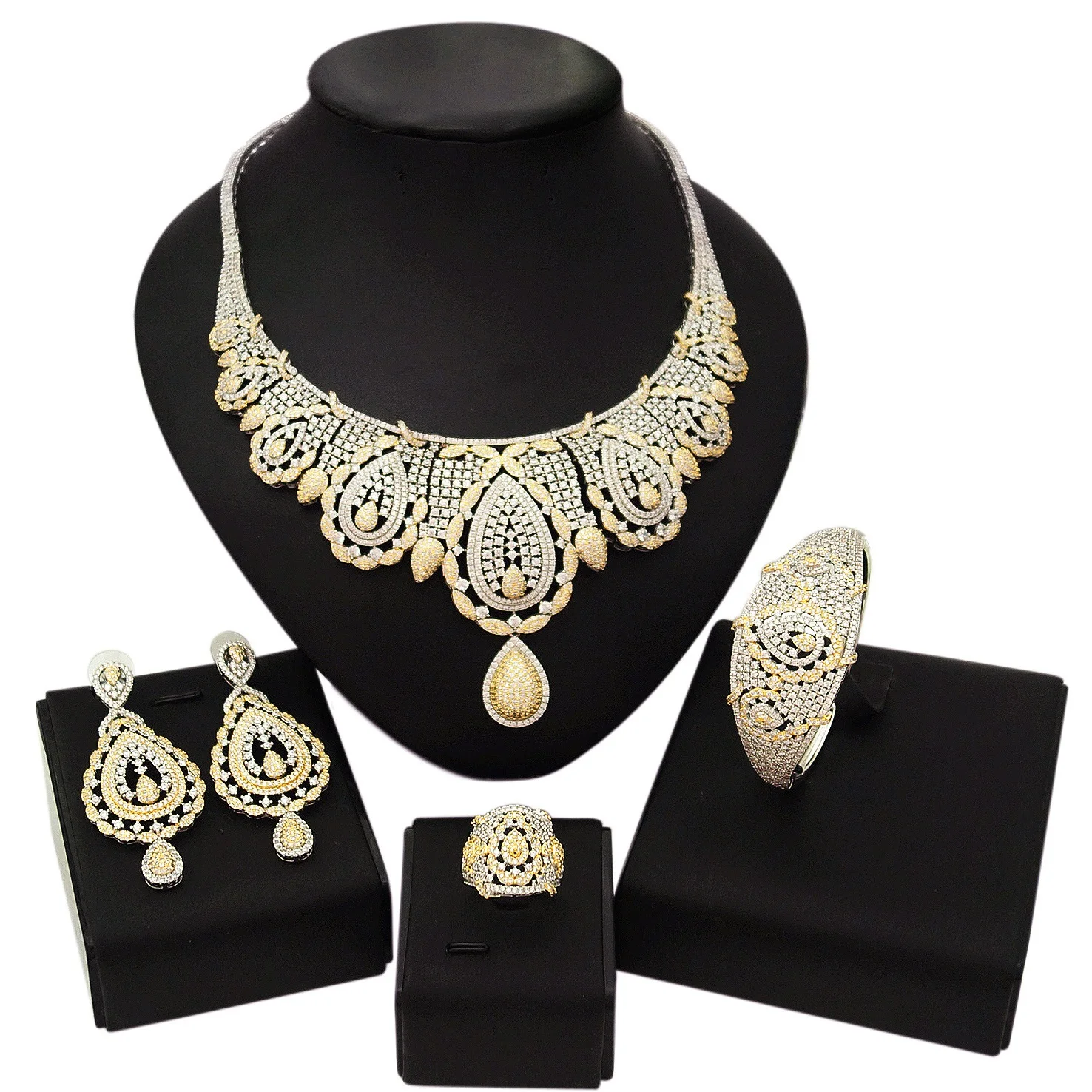 ?? Yulaili-女性のためのキュービックジルコニアジュエリーセット,イヤリングとネックレス,4個