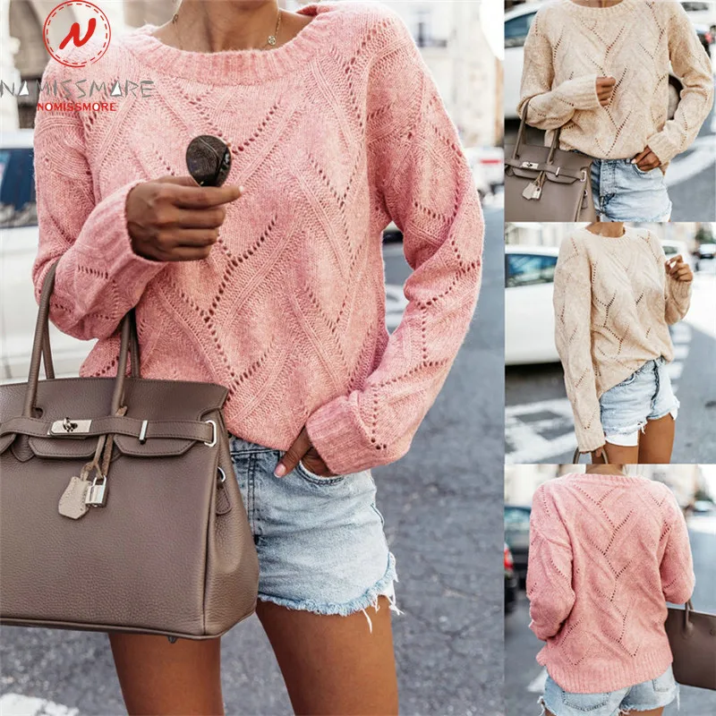 Women Sweaters for Streetwear Patchwork Hollow Out Design O-Neck Long Sleeve Solid Top Lady Autumn Casual Loose Pullover Shirts | Женская