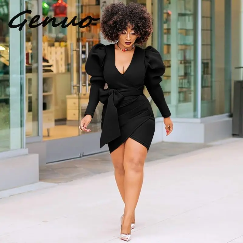 Женское облегающее мини платье с длинным рукавом фонариком глубоким V образным