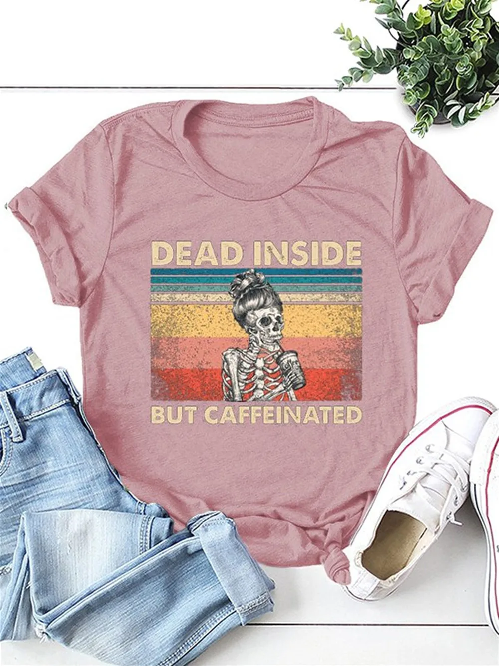 Skeleton Dead Inside But Caffeinated T Shirt Vintage Coffee Lover Gift Graphic  Tees