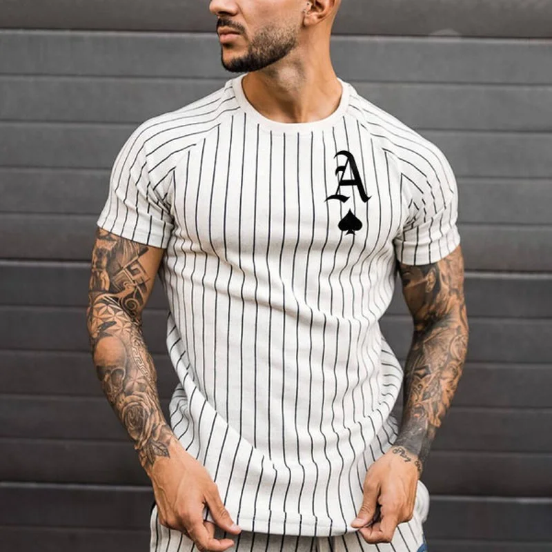 

T Shirt for Men Stripped Tshirt Summer Men Clothing Streetwear Round Neck Shirt Fashion Poker Print Short Sleeve T-shirts Tops