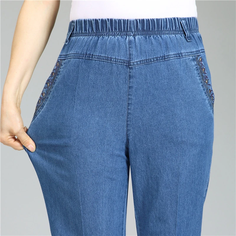

Large Size Straight Mother Casual Elastic Denim Trousers Plus Size 5XL High Waist Nine Points Jeans Female Spring Autumn