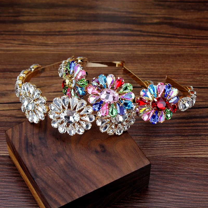 Korean Fashion Gold Crystal Jewel Bridal Hairband Luxurious Rhinestone Floral Tiara Headbands For Women Party Hair Accessories | Украшения