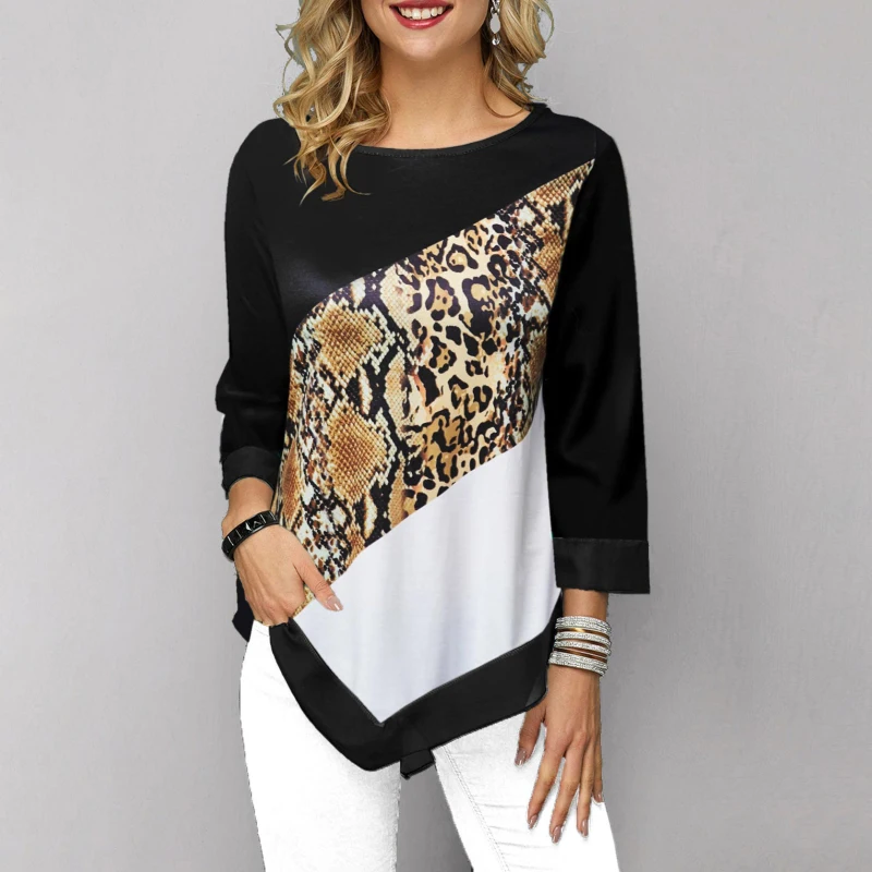 

Shirt Women Spring Autumn Printing O-neck Blouse 3/4 Sleeve Casual Hem Irregularity Female fashion shirt Tops Plus Size