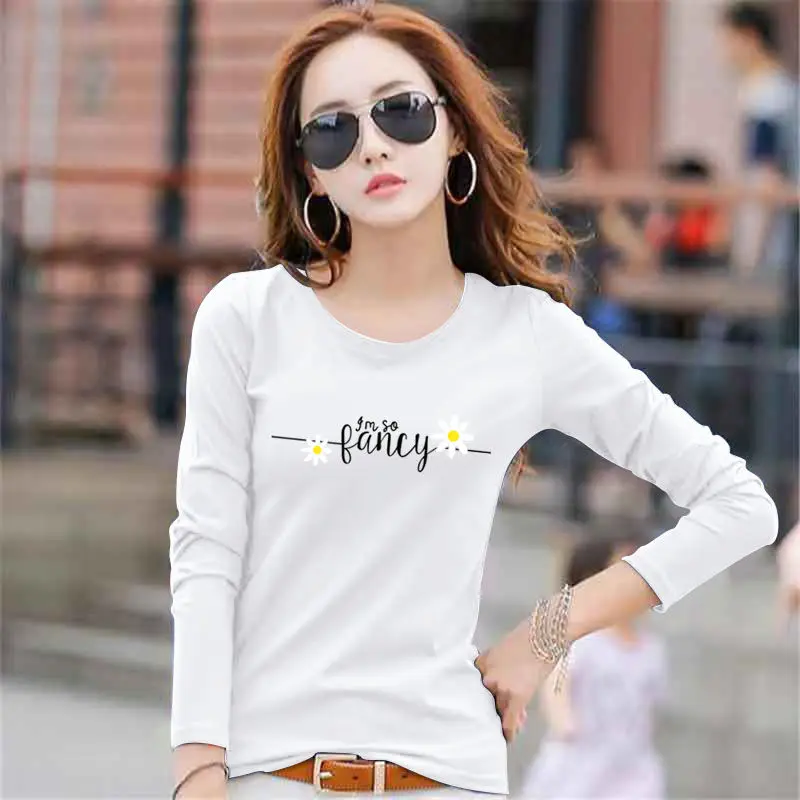 

19FW Girls Letter Print Casual tshirt women Lycra Knitted O-Neck Female Long Sleeve Tops tshirt 12 Patterns Plus Big Size M-4XL