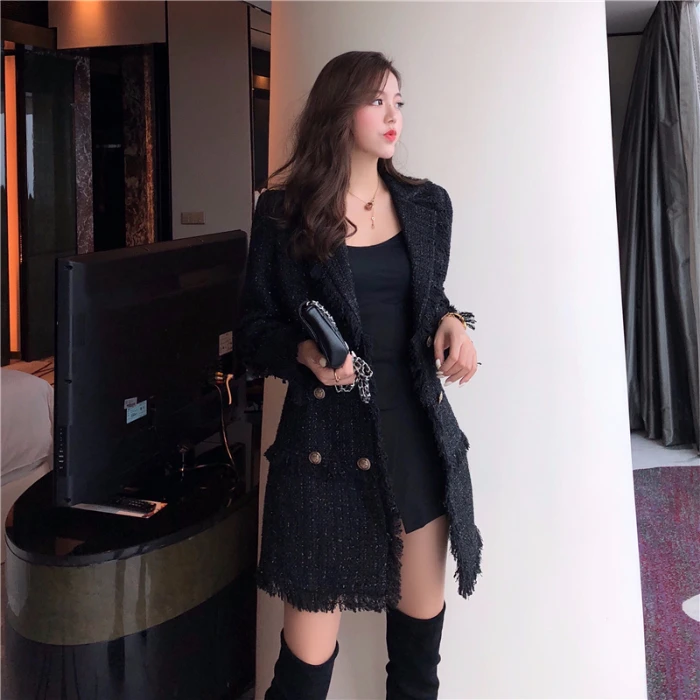

2020 Spring Autumn High Quality Ladies Collar Tweed Jacket Coat Fall Winter Women Wollen Tassel Weave Thick Black Outerwear